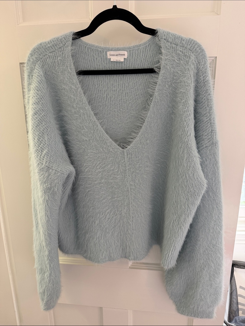 Lovers + Friends Pale Blue Fuzzy V-Neck Sweater